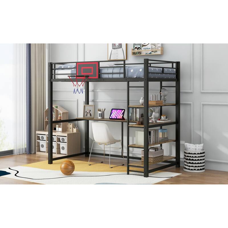Twin Loft Bed with Study Desk, Storage Shelves, and Indoor Basketball Hoop, Black Metal Frame with Guardrails and Ladder