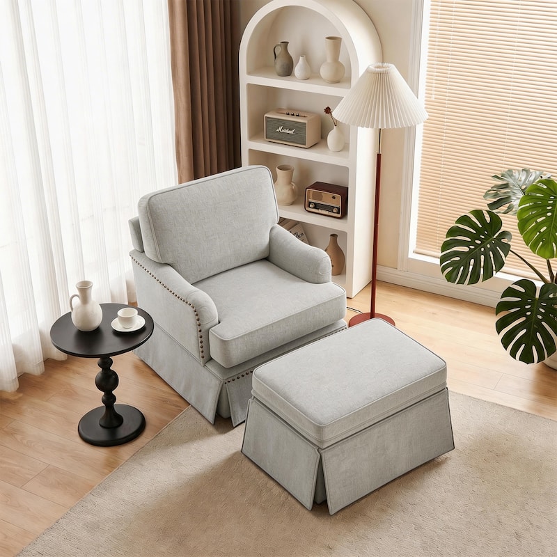 Skirted Swivel Accent Nailhead Barrel Chair With Storage Ottoman Set