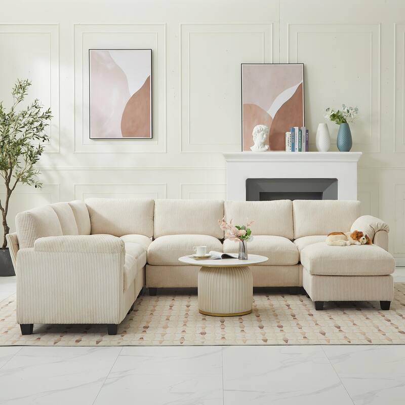Corduroy Corner Sectional Sofas with a Removable Ottoman, L-shaped Reversible 7-seat Modular Couch