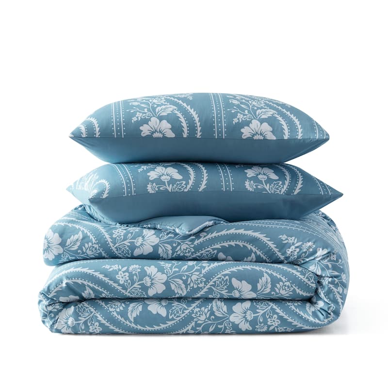 Martha Stewart Sophia Stripe Blue Cotton Duvet Cover Set