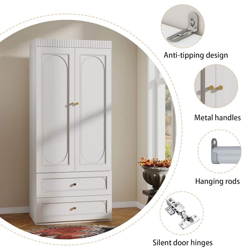 Large White Wardrobe Closet with Drawers & Doors, Modular Armoire with Hanging Rods, Apartment & Dorm Storage