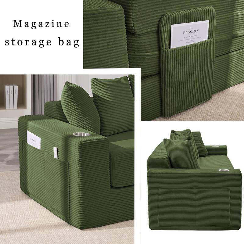 Convertible Corduroy Sleeper Loveseat Sofa Bed 3 Seater Floor Folding Couch with 5 Pillows, Cup Holders and Side Pockets