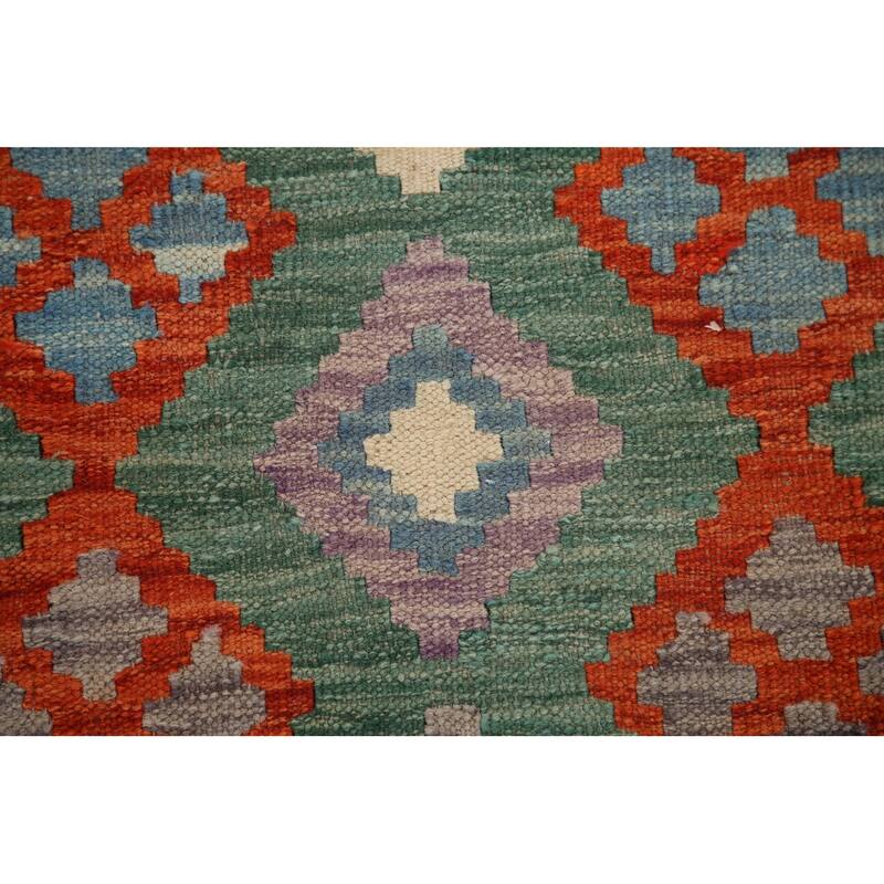 Hand Woven Oriental 100% Wool Carpet Southwestern Geometric Green Kilim Area Rug - 9' 8'' X 6' 8''