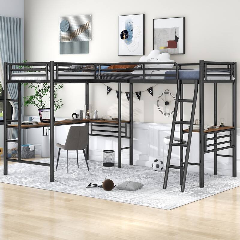 LShape Loft Beds w/ 2 Builtin Desks, Metal Double Twin Loft Beds