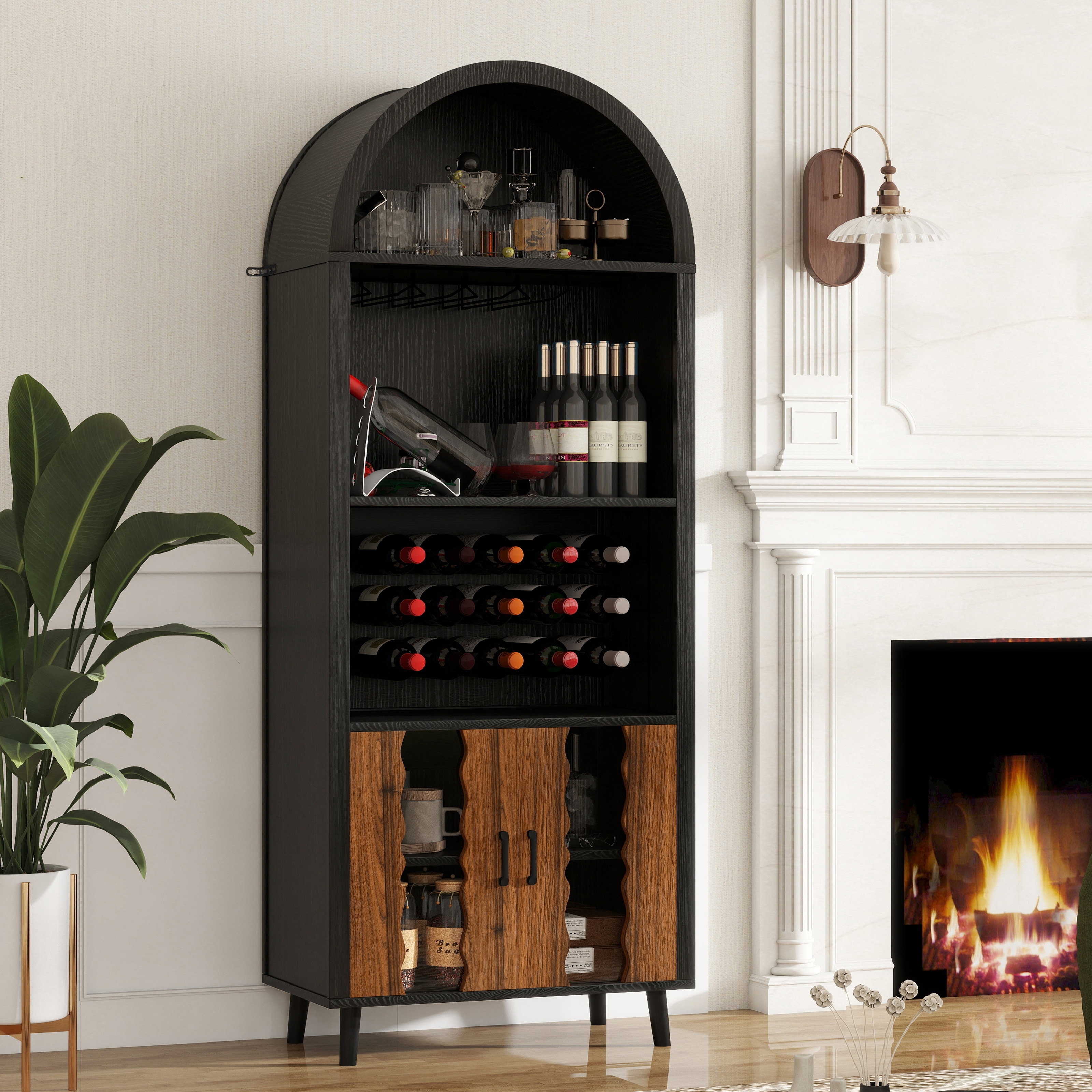 Farmhouse MDF Wine Bar Cabinet with Wine Rack and Glass Holder Black Natural by GDFStudio