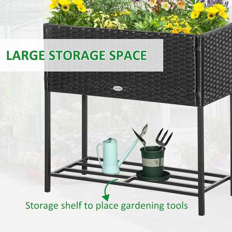Raised Garden Bed, Elevated Planter Box with Rattan Wicker Look, Tool Storage Shelf, Portable Design for Herbs