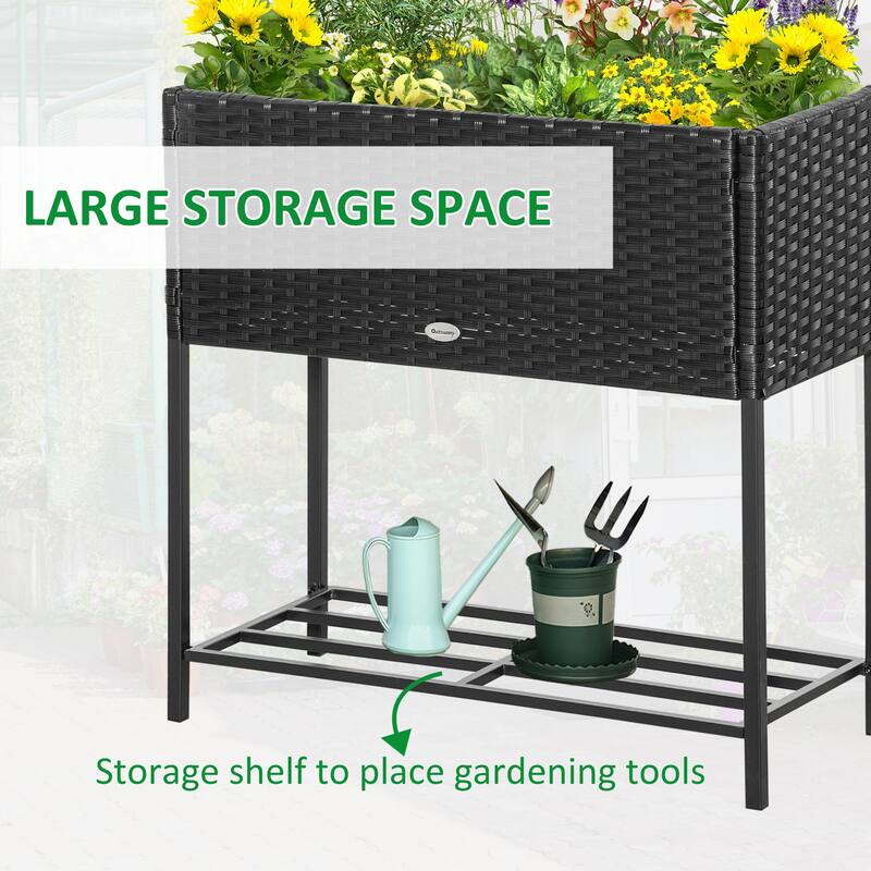 Rattan Flower Stand with Bottom Shelf for Garden Tools and Planting
