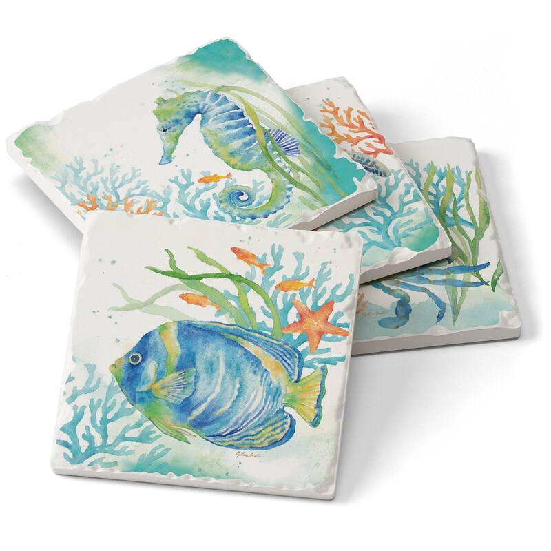 Counterart Absorbent Stone Coaster, Sea Life Serenade, Set of 4 - 4.01x4.20