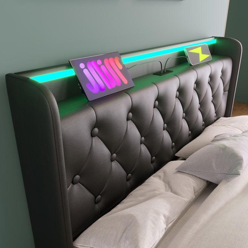 Upholstered Platform Bed LED Storage Bed Frame with Type-C Charging