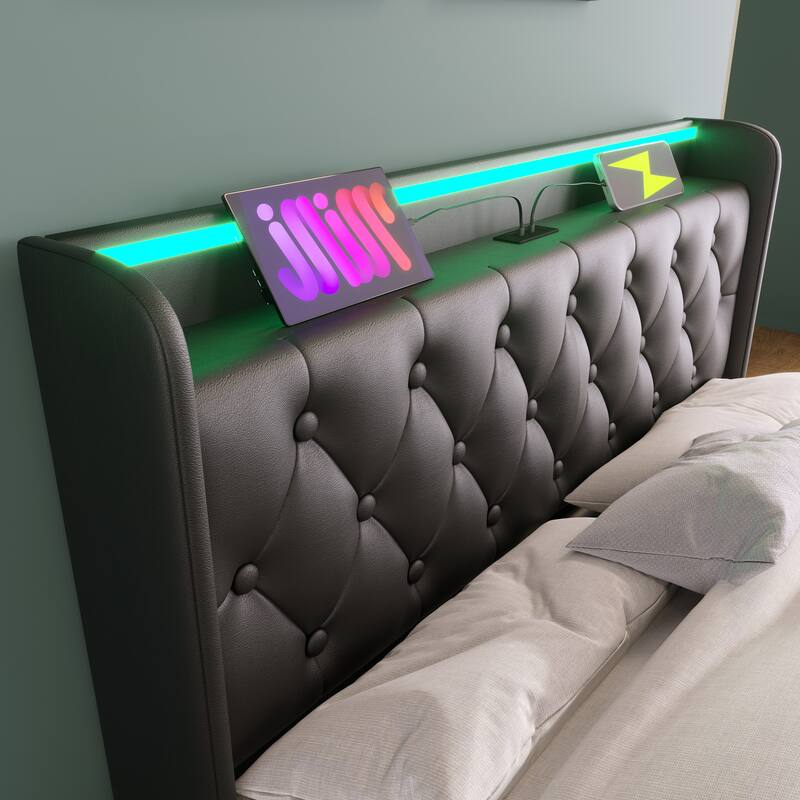 Upholstered Platform Bed with 360 LED Function and USB-C Charging
