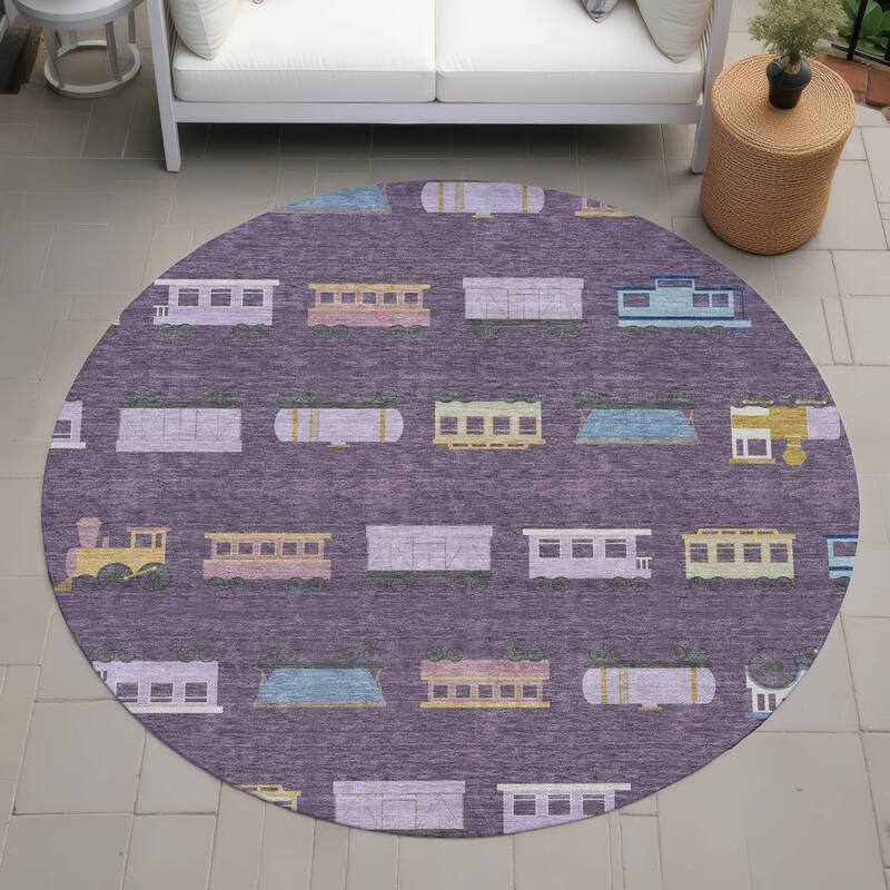 Machine Washable Indoor/ Outdoor Modern Train Chantille Rug - Plum - 8' x 8'