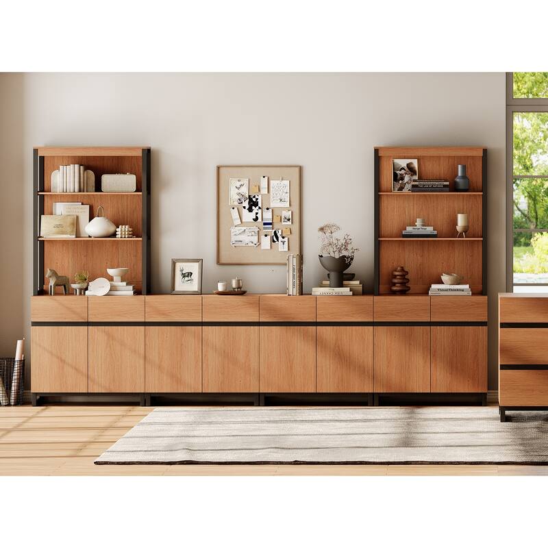 WAMPAT Modern TV Stand with 3 Tiers Bookshelf, Farmhouse Entertainment Center with 4 Large Storage Cabinets and Adjustable Shelf