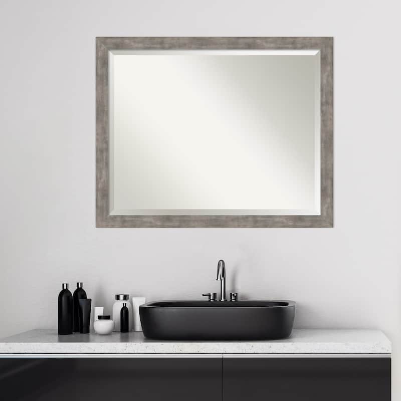 Beveled Wood Bathroom Wall Mirror - Marred Pewter Frame