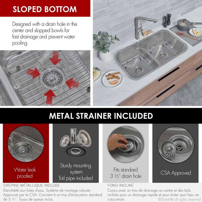 STYLISH 32.25 inch Low Divider Double Bowl Undermount and Drop-in Kitchen Sink - 32.25" x 18.9" x 9"