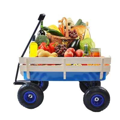 Outdoor All-Terrain Garden Wagon with Wooden Railing and Air Tires for Children