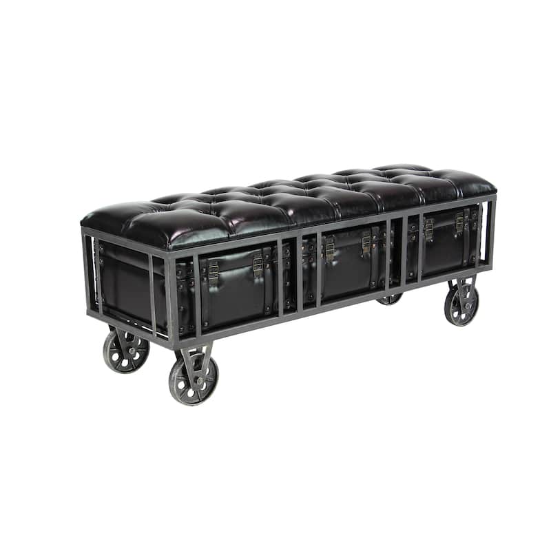 Faux Leather Tufted Upholstered 3 Trunk Room Storage Bench with Industrial Wheels and Gold Accents - Black - Roche River Decor