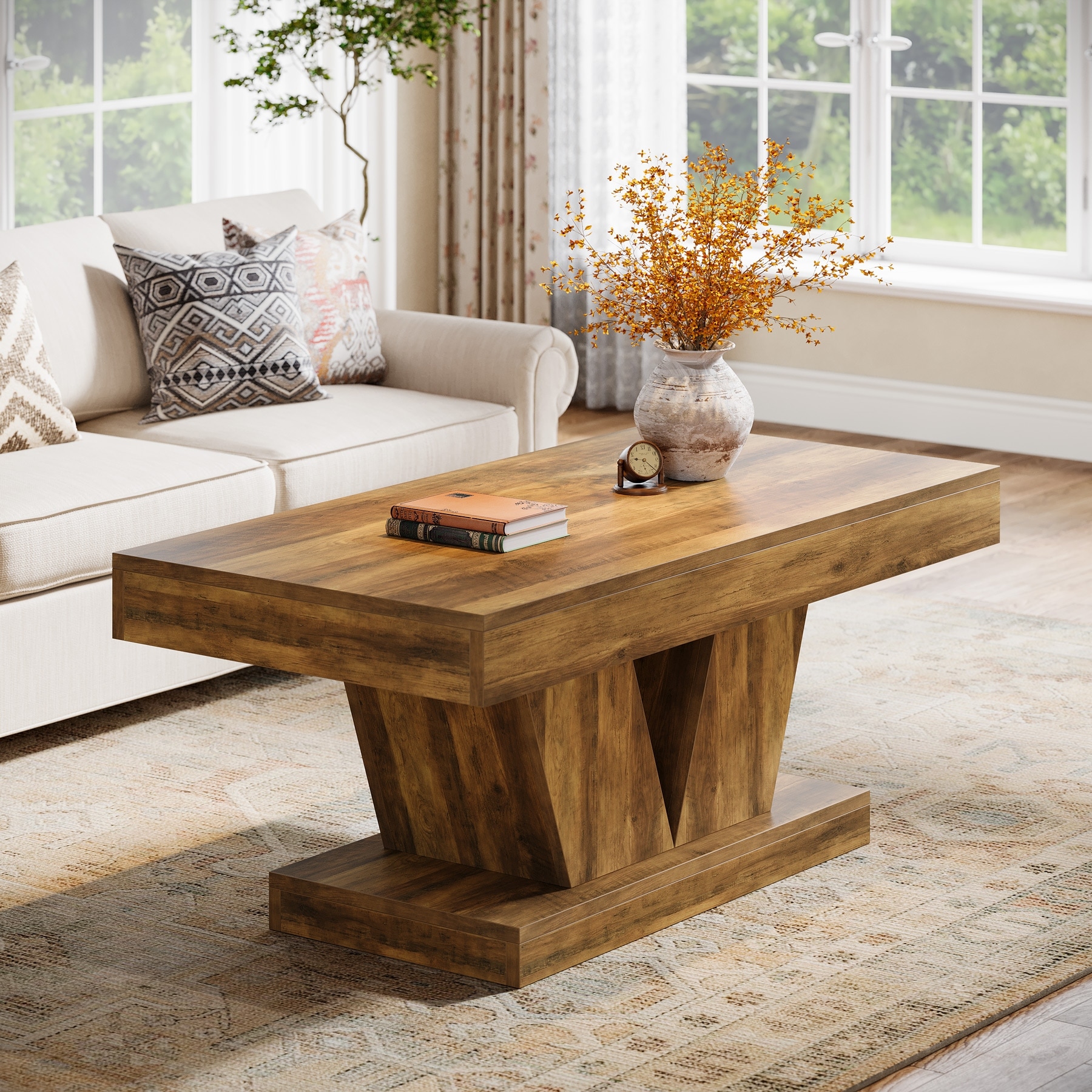 47.2" Rectangular Coffee Table, Farmhouse Mid-Century Center Table