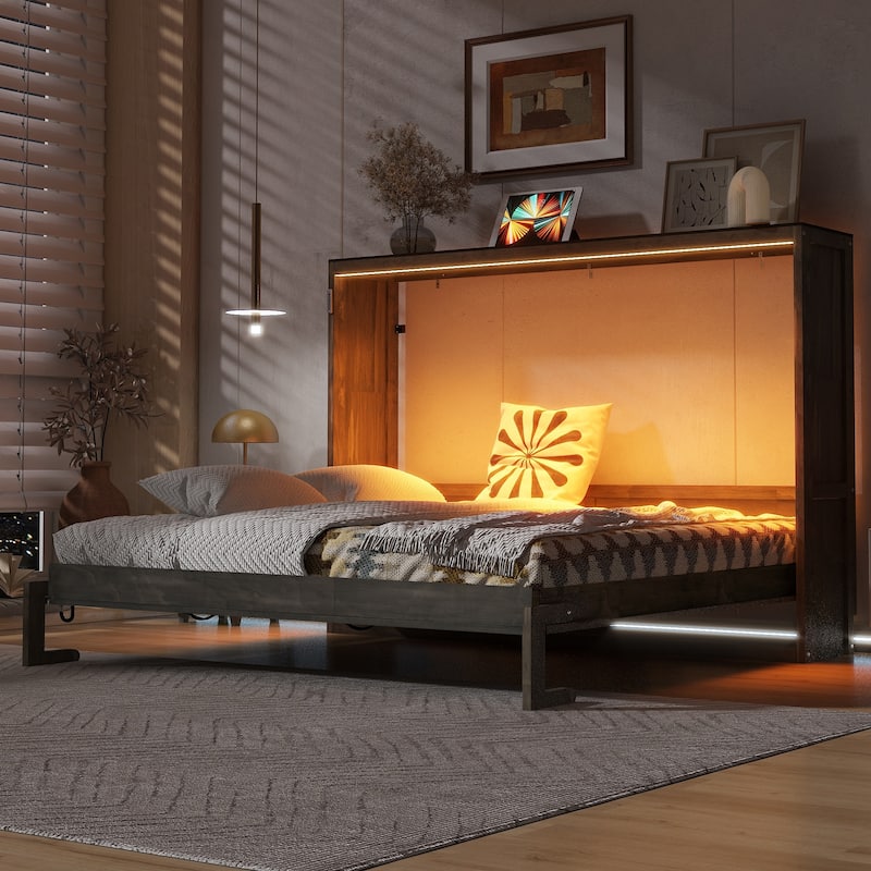 Roomfitters Full/Queen Size Murphy Bed with Desk, LED Light and Hydraulic Lift, Cabinet Design