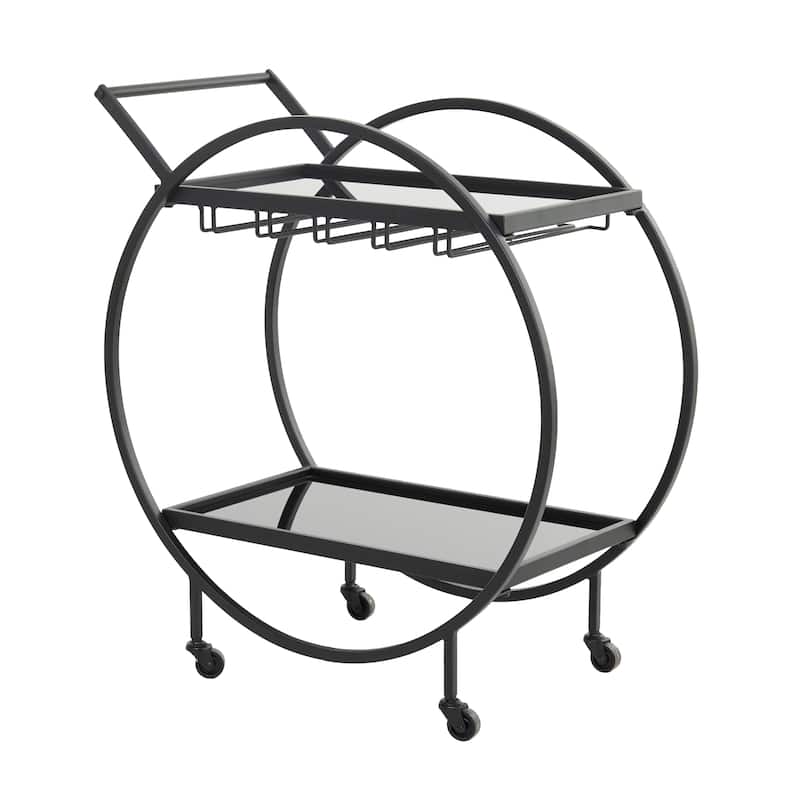 Metal Rolling 2 Mirrored Shelves Bar Cart with Wine Glass Storage and Handle - Rose Gold, Silver or Black - Roche River Decor