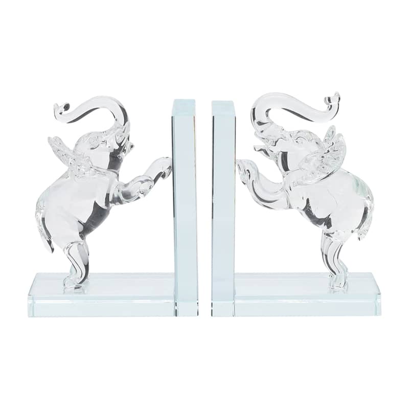 Set of 2 Clear Frosted Elephant Bookends - Contemporary Crystal 5" Standing Elephant Bookends For Home or Office Book