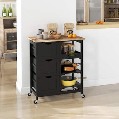 HOMCOM Rolling Kitchen Island Cart, Bar Serving Cart, Compact Trolley on Wheels with Wood Top, Shelves & Drawers for Home Dining