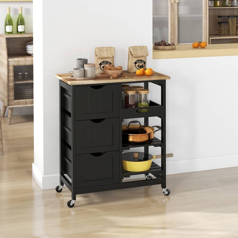 Rolling Kitchen Island Cart, Bar Serving Cart, Compact Trolley on Wheels with Wood Top, Shelves & Drawers for Home Dining Area