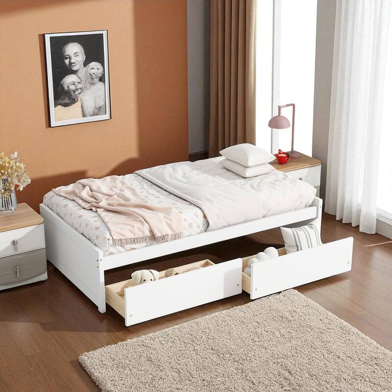Twin Bed with Storage Drawers, Solid Rubberwood Platform, 10 Slats, No Box Spring Needed, Kids & Guest Room, 76.6"x41.6"
