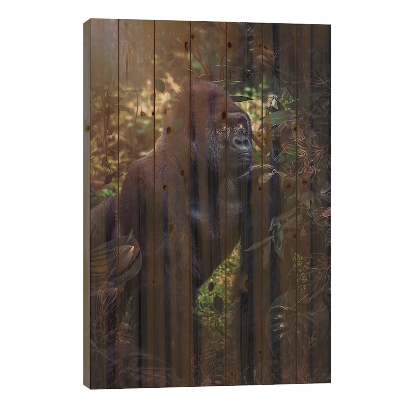 Silverback Gorilla In The Jungle Print On Wood by GEN Z - Multi-Color - 40x26x1.5