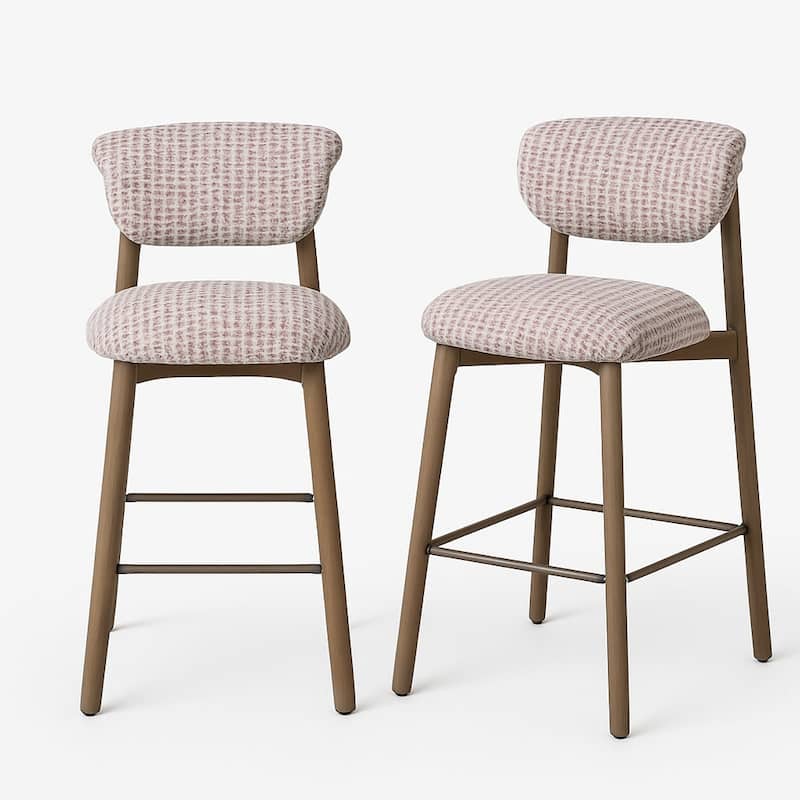 Set Of 2 Upholstered Counter Height Stools With Wood-look Metal Frame, Rolled Backrest, Woven Fabric - N/A - Pink