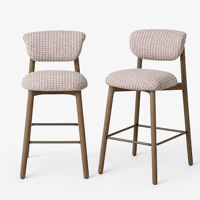 Set Of 2 Upholstered Counter Height Stools With Wood-look Metal Frame, Rolled Backrest, Woven Fabric - N/A