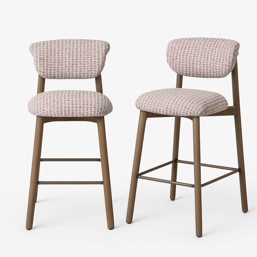 Set Of 2 Upholstered Counter Height Stools With Wood-look Metal Frame, Rolled Backrest, Woven Fabric - N/A