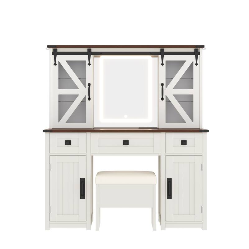 Vanity Desk with Lighted Mirror, Storage Stool & Charging Station, Dressing Table with Hidden Shelves, 3 Drawers & 4 Cabinets