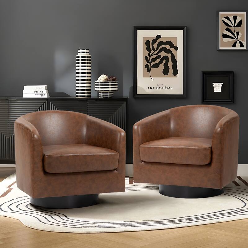 2 Set Modern Vegan Faux Leather Swivel Barrel Accent Chair