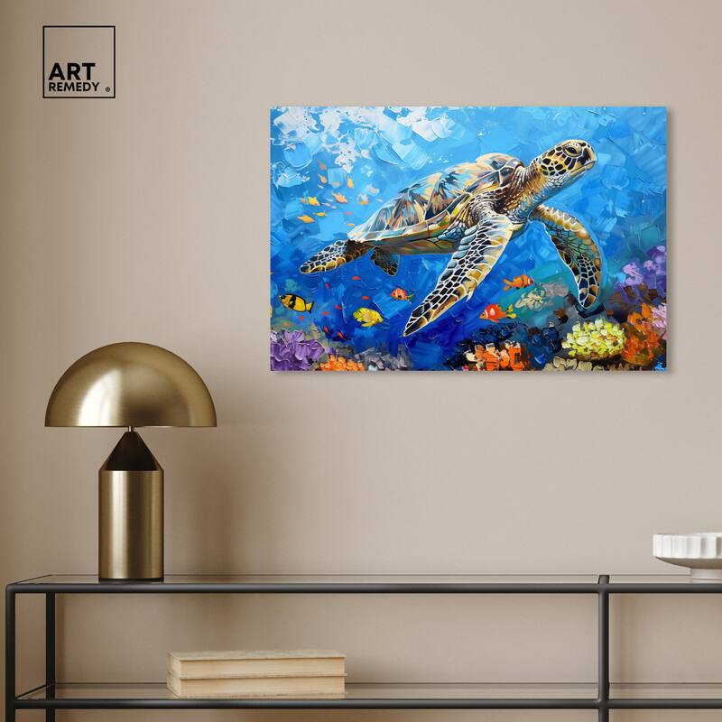 Art Remedy Turtle Swimming Gallery Wrapped Colorful Coastal 1 Piece Canvas Wall Art