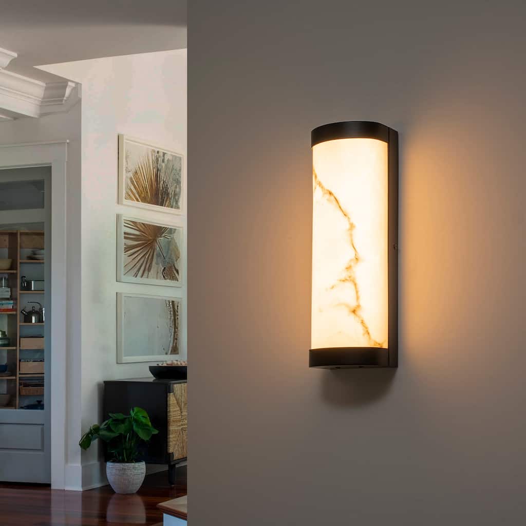 Black LED Wall Sconce Semi-Cylinder White Faux Alabaster Resin Shade