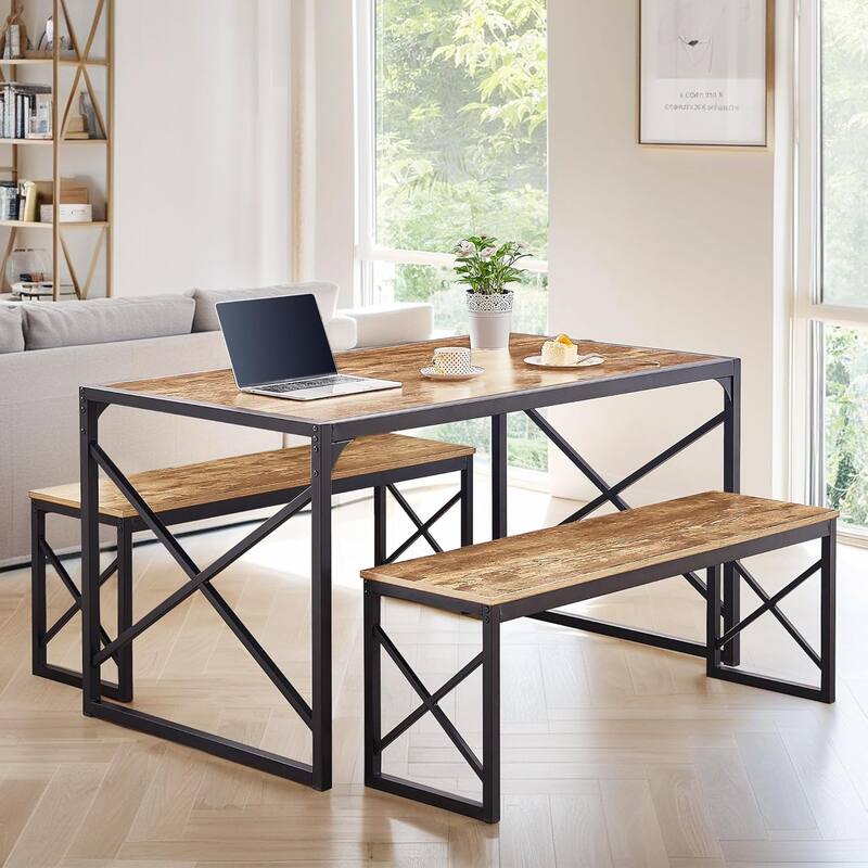 55" Dining Table with Benches Kitchen Table set for 4 Rectangular Dining Room Table Set with 2 Metal Wood Benches