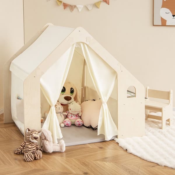slide 2 of 10, Montessori Style Indoor Playhouse with Storage Bin and Floor Mat for Toddlers Aged 2-6 Years Old-Beige Toddler