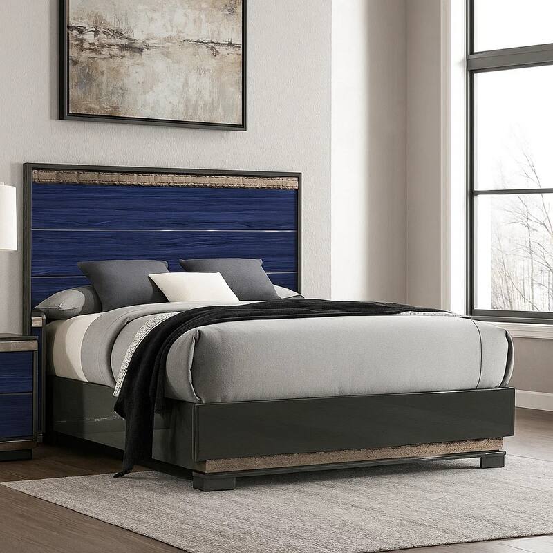 Cote Queen Bed, Slat Panel Headboard, Ash Gray and Indigo Blue Wood