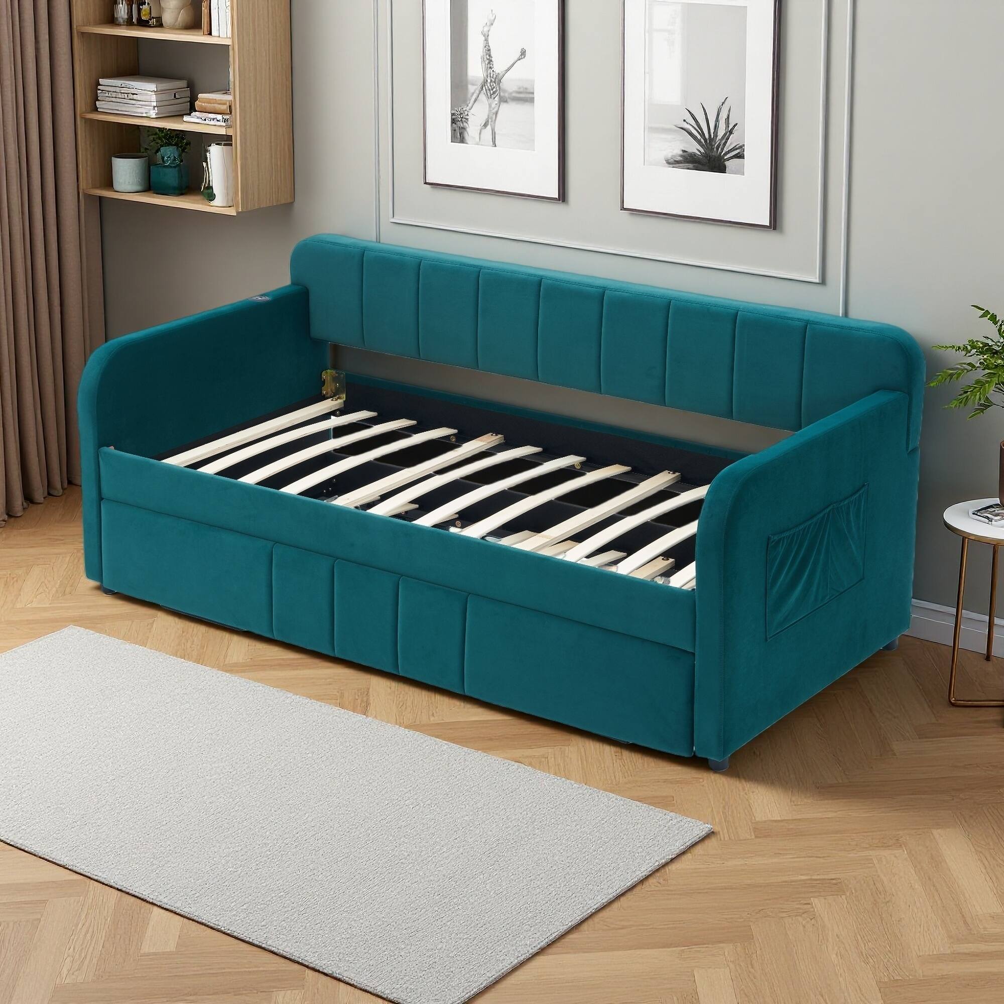 Twin Upholstered Daybed with Trundle, Solid Pine, Space-Saving Sofa Bed, Wood Slat Support