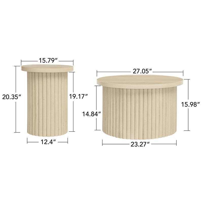 2-Piece, Modern Round Coffee Table Set with Wood-Grain Vertical Slat Legs and Foot pads, for Living Room