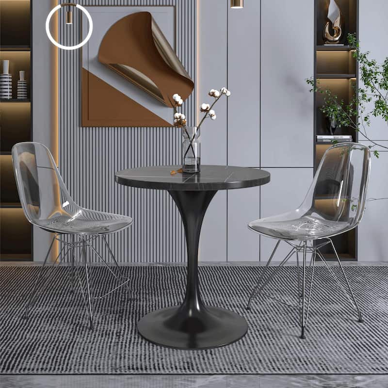 LeisureMod Verve 27" Round Dining Table with Sintered Stone TableTop and Black Steel Base for Kitchen & Dining Room - 27.56