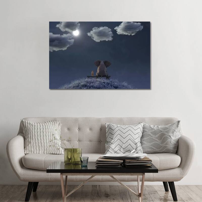 iCanvas "Elephant And Dog Are Sitting On A Meadow On A Moonlit Night" by Mike Kiev Canvas Print - 32x48x1.5