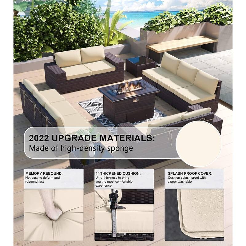 Delnavik 13 Pieces Outdoor Patio Furniture Set with Fire Pit Table w/ Wide Armrests