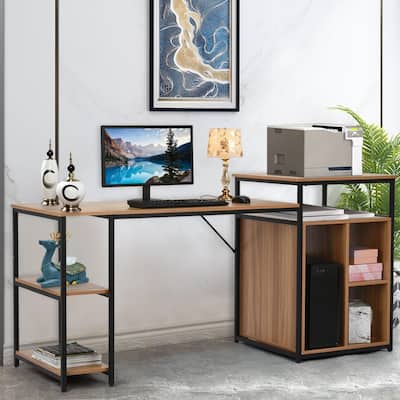 Computer Desk With Printer Stand, Shelf, Large Desk With Bookshelf 47in Desktop