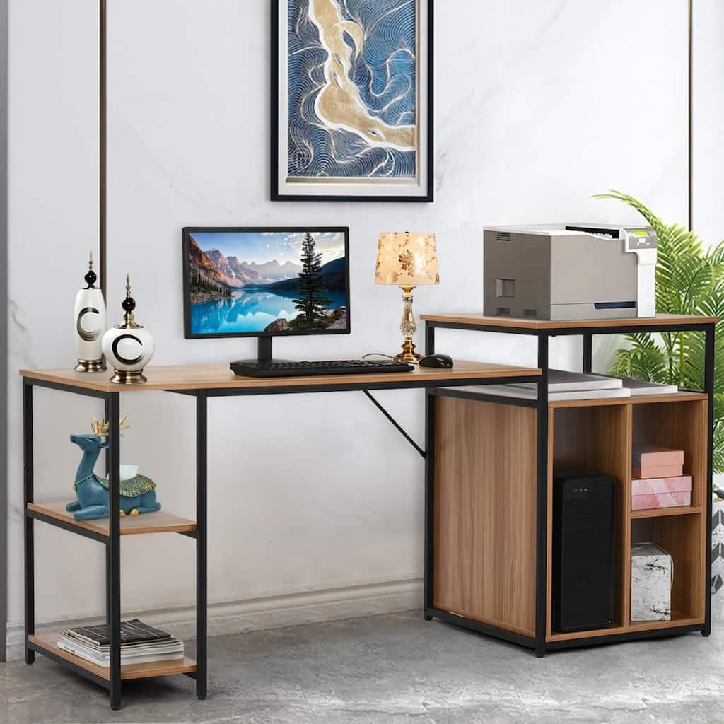 Computer Desk With Printer Stand, Shelf, Large Desk With Bookshelf 47in Desktop