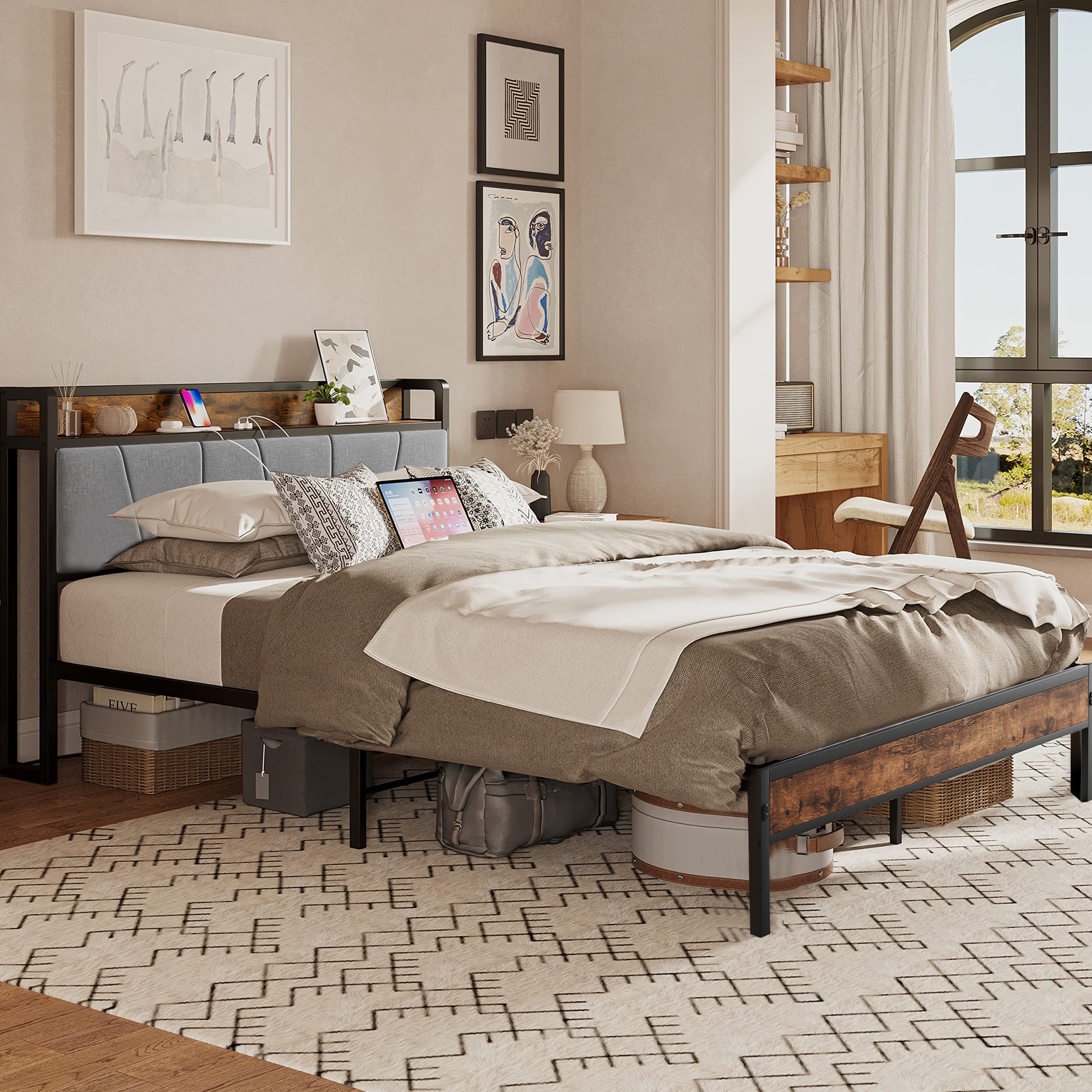 Bed Frames Storage Headboard with Outlets No Box Springs Needed