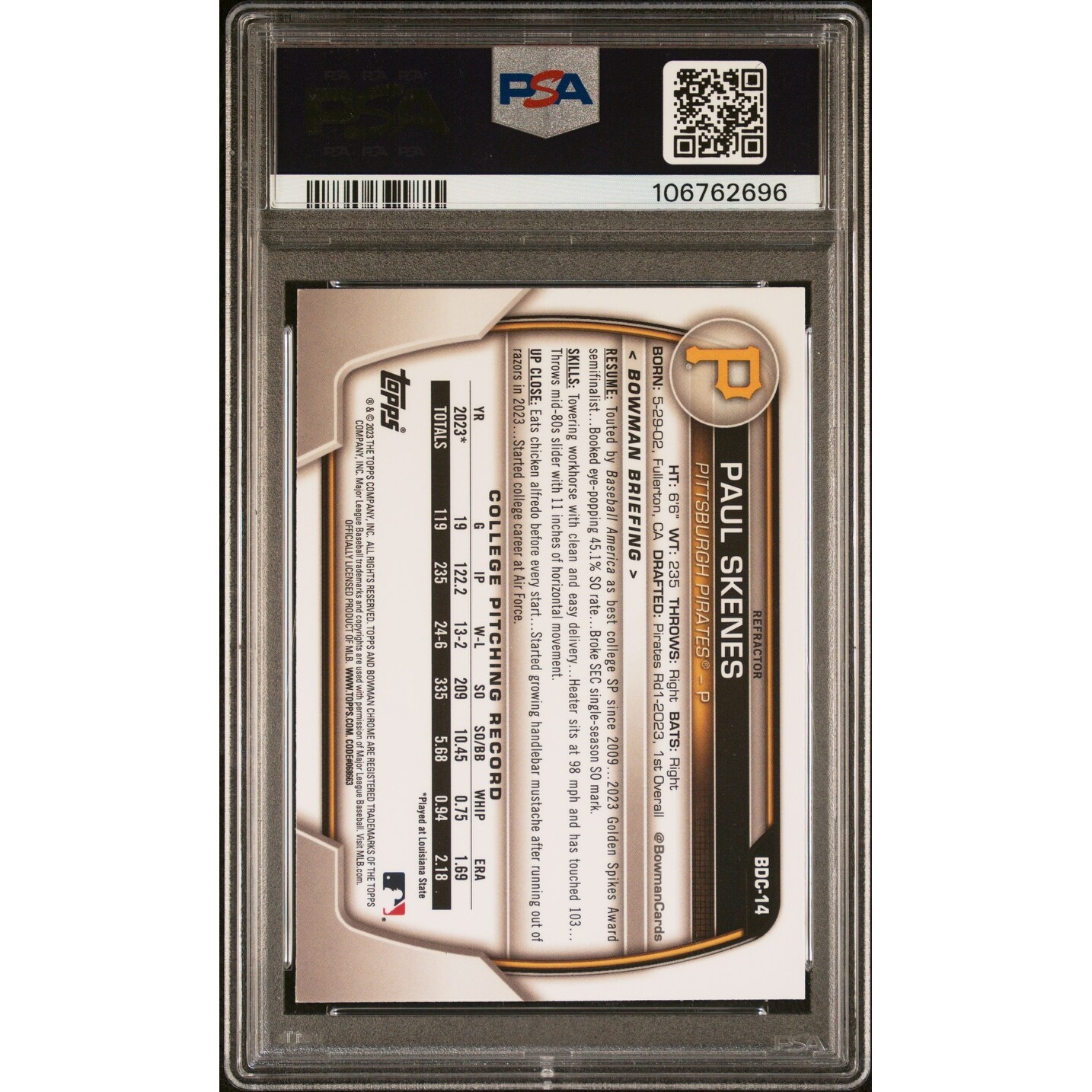 Paul Skenes 2023 Bowman Draft Chrome Refractor Rookie Card #BDC14 