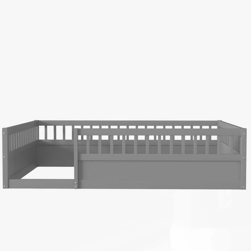 Kids Floor Bed Frame Toddler Montessori Low-Profile Floor Bed with Solid Wood Baffle Fence, No Slats No Door for Children's Room