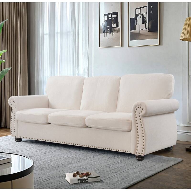 3 Seater Ivory Velvet Sofa with High-Density Foam, Loose Back Cushions and Solid Wood Turned Legs