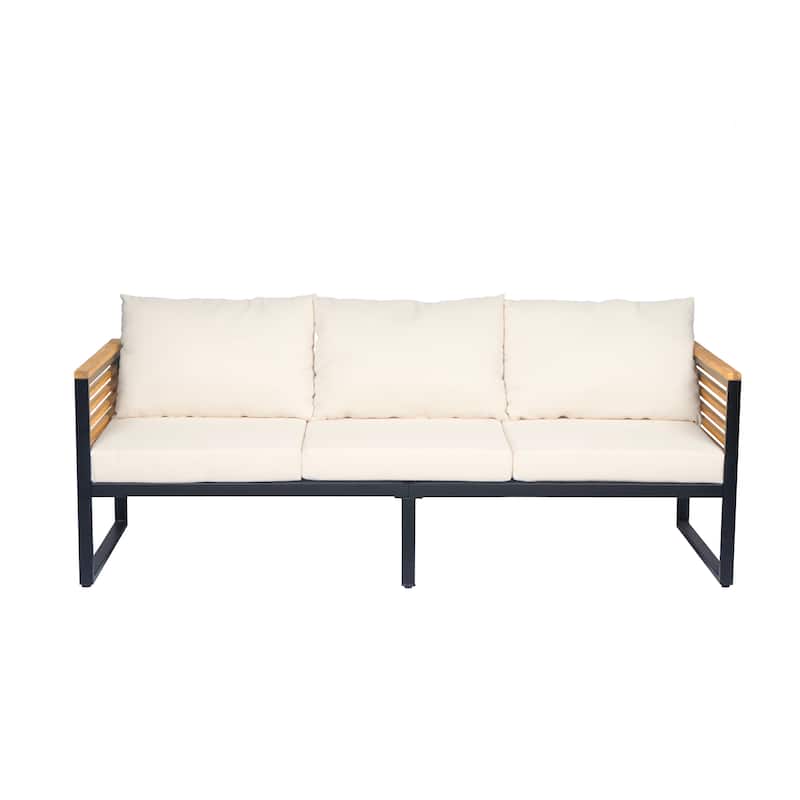 Roomfitters 3-Piece Outdoor Patio Sofa Set with Acacia Wood and Metal Frame, Cushioned Seating and Coffee Table, Beige